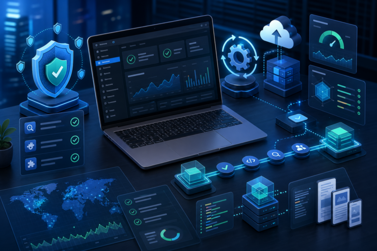 Cybersecurity and cloud management dashboard on a laptop with security, analytics, and server icons