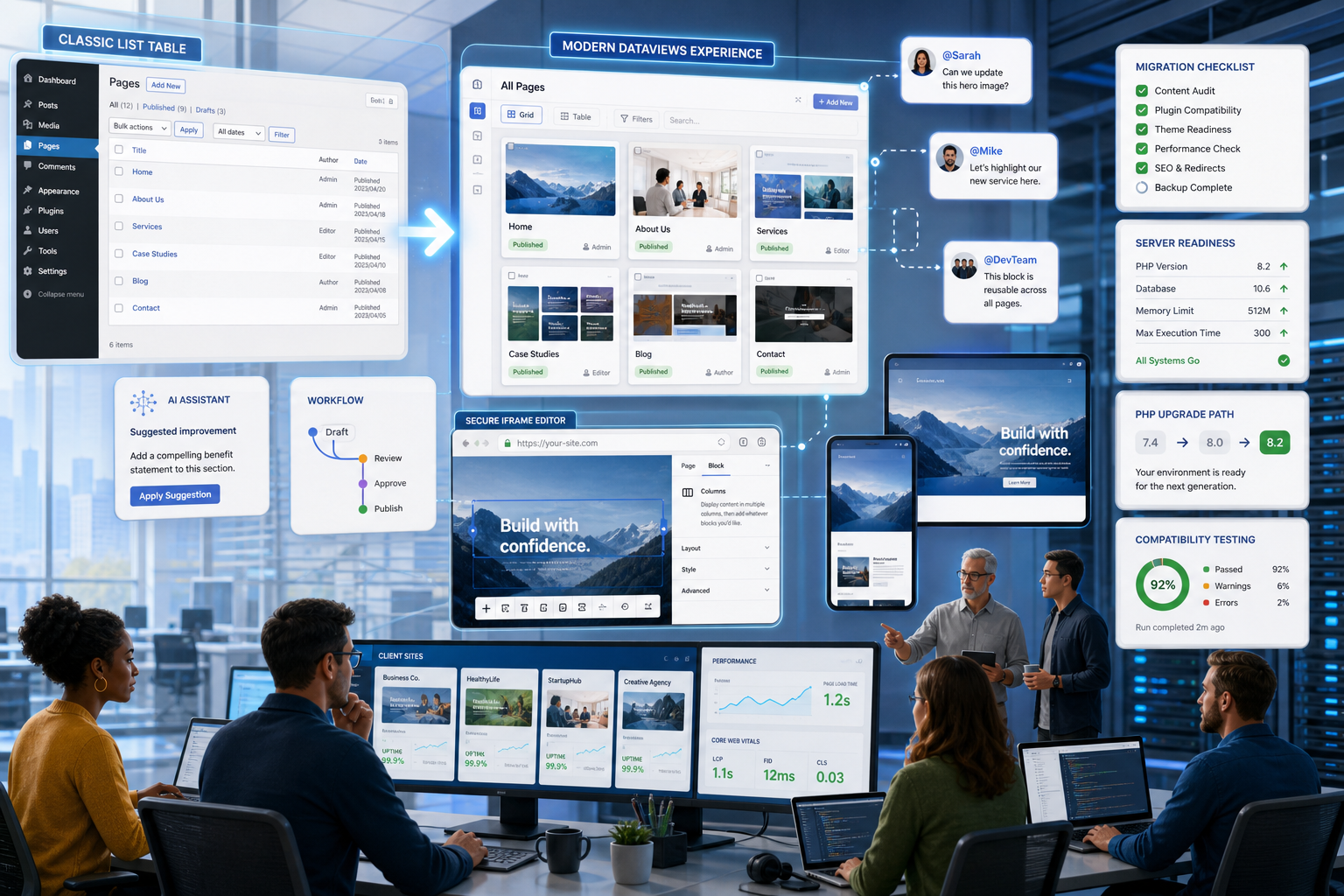 Website management dashboard showing page migration, performance, and compatibility status