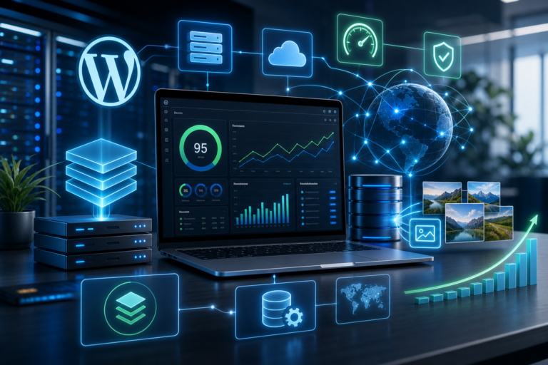 WordPress hosting and website performance dashboard with server, cloud, security, and analytics icons