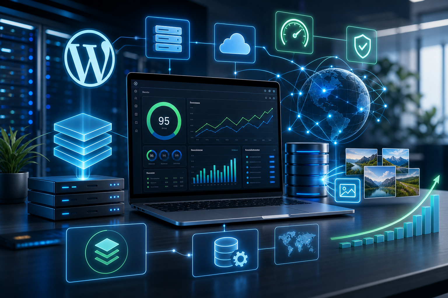 WordPress hosting and website performance dashboard with server, cloud, security, and analytics icons